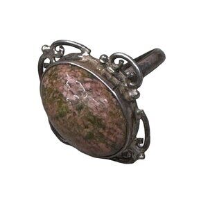 Vintage Sterling Silver Unakite Gemstone Ornate Statement Ring 7 Oval Gemstone